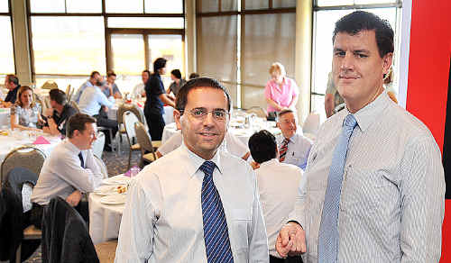 National Australia Bank senior economist Spiros Papadopoulos talks with Hervey Bay Chamber of Commerce president Bernard Whebell after sharing his views on our economic future. National Australia Bank senior economist Spiros Papadopoulos talks with Hervey Bay Chamber of Commerce president Bernard Whebell after sharing his views on our economic future.
